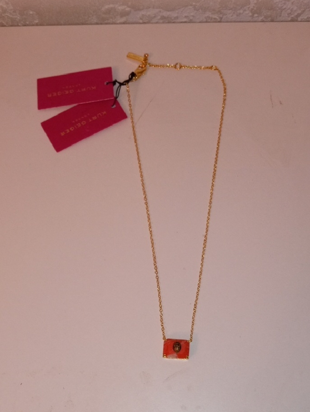 Kurt Geiger Gold-Tone Chain with Orange Enamel Square Pendant